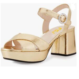 FSJ Gold Peep Toe Chunky High Heels Platform Sandals Ankle Strap Prom Shoes